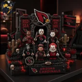 Arizona Cardinals x Halloween Collectible Building Brick Sets 2026 2 Horror movie characters wearing Arizona Cardinals gear on a display stand
