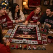 A group of friends playing the Arkansas Razorbacks Monopoly Collector's Edition board game.