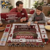 Arkansas Razorbacks Collector's Edition Monopoly Board Game 2 Father and son playing the Arkansas Razorbacks Collector Edition Monopoly board game.