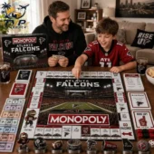 Father and son playing the Atlanta Falcons Monopoly collector edition board game.