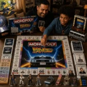 Back to the Future Collector's Edition Monopoly Board Game 2 Father and son playing Back to the Future collector edition Monopoly by Tvpcomebackshop