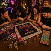 Group of friends playing Bad Bunny Collector Edition Monopoly board game.