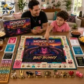 Bad Bunny Un Verano Sin Ti Limited Collector Edition Monopoly Board Game 2 Father and son playing the Bad Bunny Collector's Edition Monopoly board game from Tvpcomebackshop
