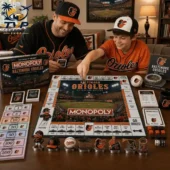 Father and son playing Baltimore Orioles themed board game.