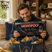 Beauty and the Beast Collector's Edition Monopoly Board Game 2026 2 Man holding a Beauty and the Beast Monopoly Collector Edition game box.