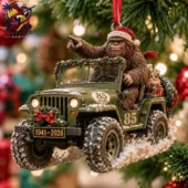 Sasquatch Christmas ornament driving an 85 years edition Jeep