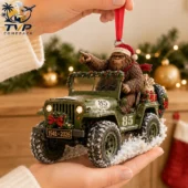 Sasquatch in a green vintage Jeep Christmas ornament by Tvpcomebackshop