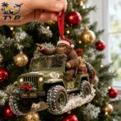 Sasquatch in a green military jeep Christmas tree ornament