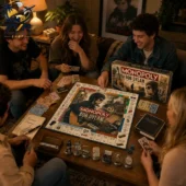Friends playing the Bob Dylan collector edition of the board game on a wooden coffee table
