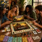 A diverse group of friends laughing and playing the Bob Marley Monopoly Collector Edition board game.