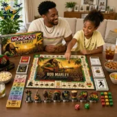 Bob Marley Limited Collector Edition Monopoly Board Game 2026 2 Father and daughter playing the Bob Marley Collector Edition Monopoly board game.