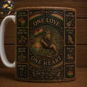 Bob Marley Music Lover Gift Mug 1 Rastafarian themed One Love One Heart coffee mug with lion artwork