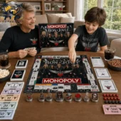 Father and son playing the Bon Jovi collector edition board game at home