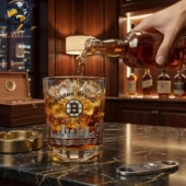 Boston Bruins 102 Years 1924-2026 Limited Collector Edition Whiskey Glass 1 Boston Bruins themed rocks glass being filled with whiskey