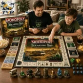 A father and son playing the Breaking Bad Monopoly Collector Edition game at home.