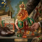British & Irish Lions Crown Royal Whiskey Lion Bottle 2 A decorative amber glass British and Irish Lions lion figurine with a crown and rugby crests held by hands.