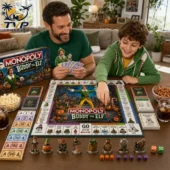 Buddy the Elf Collector's Edition Monopoly Board Game 3 Father and son playing the Monopoly Buddy the Elf Collector Edition board game.