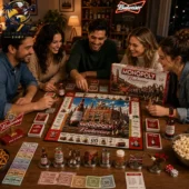 A group of friends playing the Budweiser Collector Edition Monopoly game from Tvpcomebackshop.