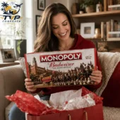 Woman holding Budweiser Collector Edition Monopoly game board