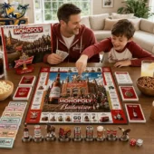 Father and son playing the Budweiser Collector Edition Monopoly board game