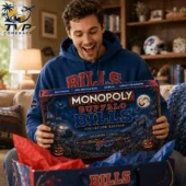 Buffalo Bills Halloween Collector's Edition Monopoly Board Game 2026 1 Man holding a Buffalo Bills themed Monopoly board game box