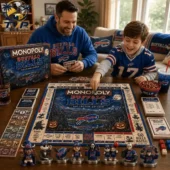 Buffalo Bills Halloween Collector's Edition Monopoly Board Game 2026 2 Father and son playing Buffalo Bills Monopoly collector edition game