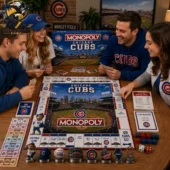 A group of friends playing Chicago Cubs Monopoly at Tvpcomebackshop