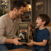 Father and son opening a Chuck Norris vs Bruce Lee collector figure set from Tvpcomebackshop
