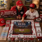 Cincinnati Reds Collector's Edition Monopoly Board Game 3 Father and son playing the Cincinnati Reds Collector Edition Monopoly game at home.