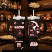 Custom Cleveland Browns and Star Wars themed insulated tumbler with handle and straw.