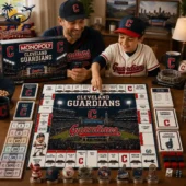 Cleveland Guardians Collector's Edition Monopoly Board Game 2 Father and son playing Cleveland Guardians Monopoly board game
