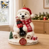 Polar bear ornament holding a Classic Cola bottle for 140 years celebration