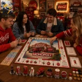 A group of friends playing the Coca-Cola collector edition Monopoly board game available at Tvpcomebackshop.