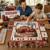 Coca-Cola Collector's Edition Monopoly Board Game 2026 2 Father and son playing the Coca-Cola Collector's Edition Monopoly board game from Tvpcomebackshop.