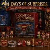 Come On You Gunners! Christmas Football Advent Calendar 2026 2 Arsenal FC 2026 advent calendar with miniature figurines and festive ornaments.