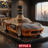 Corvette C8 Limited Collector's Edition Decanter Bottle 2 Jack Daniel's themed sports car glass decanter on a marble display stand from Tvpcomebackshop.