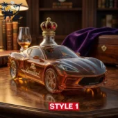 Corvette C8 Limited Collector's Edition Decanter Bottle 1 Crown Royal themed sports car shaped liquor decanter on a wooden desk.