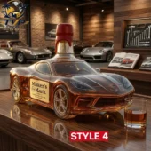 Corvette C8 Limited Collector's Edition Decanter Bottle 4 Maker's Mark bourbon bottle shaped like a Corvette sports car on a wooden garage table.