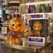 Crown Royal 87th Anniversary Royal Lion Funko Pop Figure 2 Crown Royal limited edition golden lion collectible figure standing next to its box