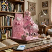 Crown Royal 87th Anniversary x Hello Kitty Whiskey Lion Bottle 1 Pink Hello Kitty lion crystal sculpture on a wooden desk.