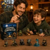 Father and son playing with Cryptid Camping Club miniature figures