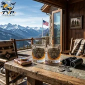 DD-214 Veteran Whiskey Bottle And Glass Combo Set 3 Two whiskey glasses featuring US military DD-214 veteran designs on a rustic outdoor table