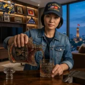 DD-214 Veteran Whiskey Bottle And Glass Combo Set 4 Woman in U.S. Veteran cap pouring whiskey into a DD-214 themed glass