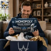 Dallas Cowboys Championship Super Bowl Monopoly Board Game 2026 1 Man holding a Dallas Cowboys Championship Anniversary Collector Edition Monopoly board game from Tvpcomebackshop