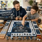 Dallas Cowboys Championship Super Bowl Monopoly Board Game 2026 2 Father and son playing the Dallas Cowboys Championship Anniversary Monopoly game by Tvpcomebackshop.