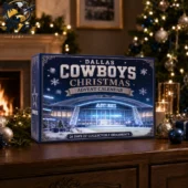 Dallas Cowboys Holiday Advent Calendar – 24 Days Countdown Box 2 Dallas Cowboys Christmas advent calendar featuring AT&T Stadium imagery on a wooden shelf.