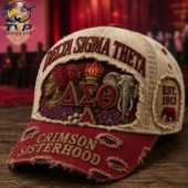 Distressed Delta Sigma Theta baseball cap with embroidered sorority symbols