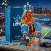 Detroit Lions Crown Royal Whiskey Lion Bottle 1 Detroit Lions decorative amber lion sculpture with crown and Ford Field background from Tvpcomebackshop