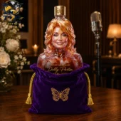Dolly Parton In Loving Memory Bottle & Velvet Bag 3 Dolly Parton tribute glass bottle in purple velvet bag by Tvpcomebackshop