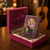 Dolly Parton themed collector lighter in a velvet display case.